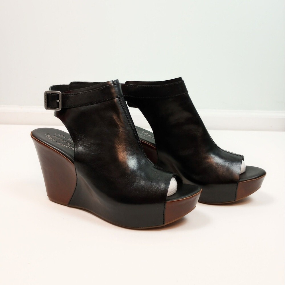 Kork-Ease Leather Wedges Sz 10M Black Brown Peep Toe Buckle Heels